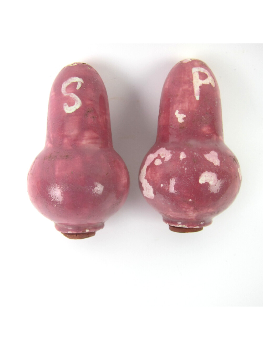 Vintage Pottery Salt & Pepper Shakers Gourd Shape Dark Pink & White Clay Stopper